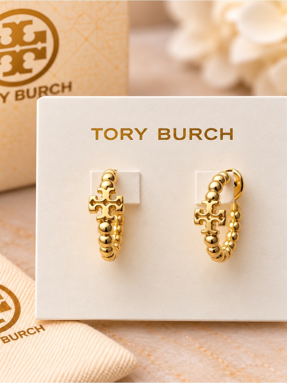 Tory Burch Gold Beaded Logo Cuff Hoop Earrings